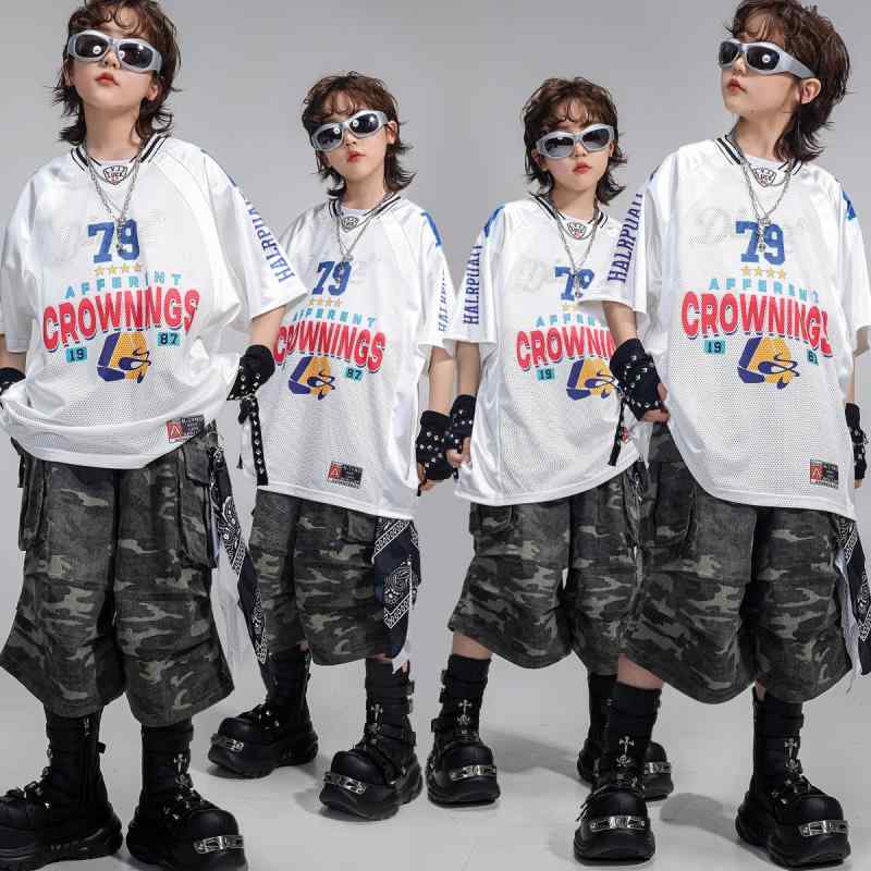 セットアップ キッズ 男の子 女の子 男女兼用 ダンス衣装 ヒップホップ ストリート系 半袖 シャツ スポーツ 球衣 迷彩 ハーフパンツ 2点セット 子供 ジュニア 発表会 運動会 レッスン着 練習着 ガールズ ボーイズ サマー 夏服 ホワイト｜Fun Time Market