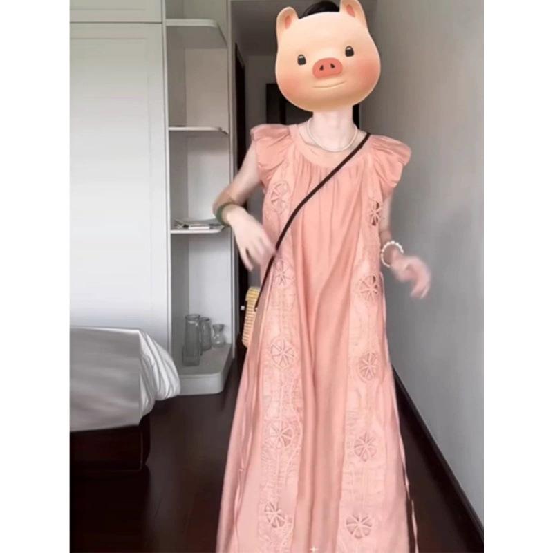 ワンピース レディース 妊婦服 マタニティウェア マタニティワンピース 夏用 半袖 レース 刺繍 フリル フレンチスリーブ ミモレ丈 ロング 丸首 クルーネック 異素材 切り替え チュール ドッキング シフォン 仙女風 綺麗め ガーリー フェミニン 普段(x200)|Fun Time Market
