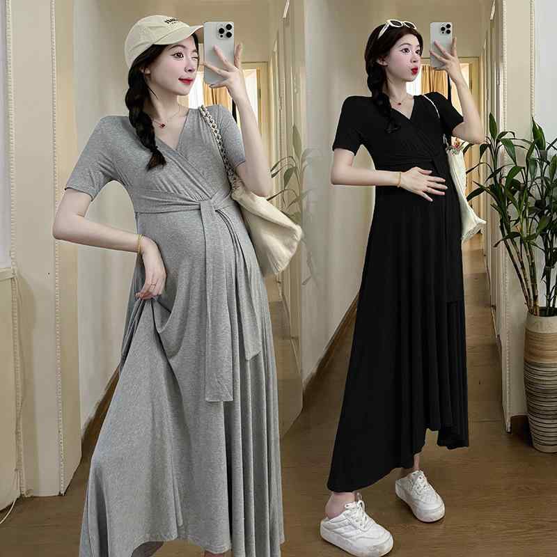ワンピース レディース 妊婦服 授乳服 マタニティウェア Vネック 丸首 半袖 膝丈 ミモレ丈 Aライン モダール コットン 伸縮性 ストレッチ ルームウェア 部屋着 普段使い カジュアル シンプル 無地 切り替え 体型カバー 快適 涼しい 春夏 ブラッ(x200)｜Fun Time Market