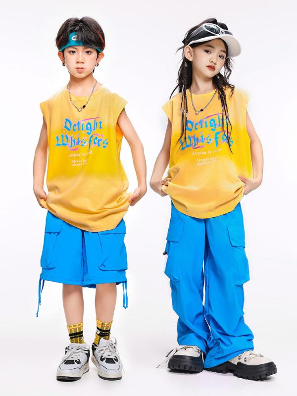 セットアップ キッズ 部屋着 運動着 普段使い 男の子 女の子 ジュニア ストリートダンス ウェア ヒップホップ 衣装 練習着 レッスン着 ノースリーブ トップス タンクトップ ロングパンツ ハーフパンツ 黄色 青 スポーツ イベント 発表会 ゆったり ｜Fun Time Market