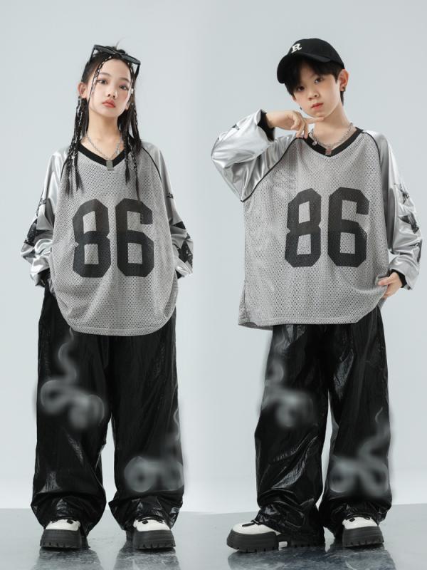 セットアップ キッズ 女の子 男の子 ジュニア ダンス衣装 街舞 社交ダンス ヒップホップ ジャズダンス メッシュ フード付き 長袖 異素材切り替え トレーナー ロングパンツ レーザー 光沢 ブラック グレー スポーツ 運動会 ステージ 演出服 イベント｜Fun Time Market