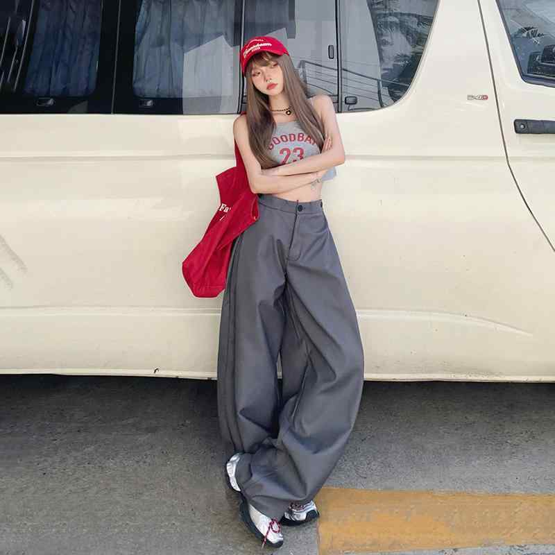 カジュアルパンツ レディース ワイドパンツ スラックス タックパンツ ボトムス 長ズボン ロングパンツ ハイウエスト ストレート ゆるシルエット 体型カバー 美脚 脚長 落ち感 普段使い オフィス 通勤用 通学用 部屋着 グレー 灰色 春夏 秋｜Fun Time Market