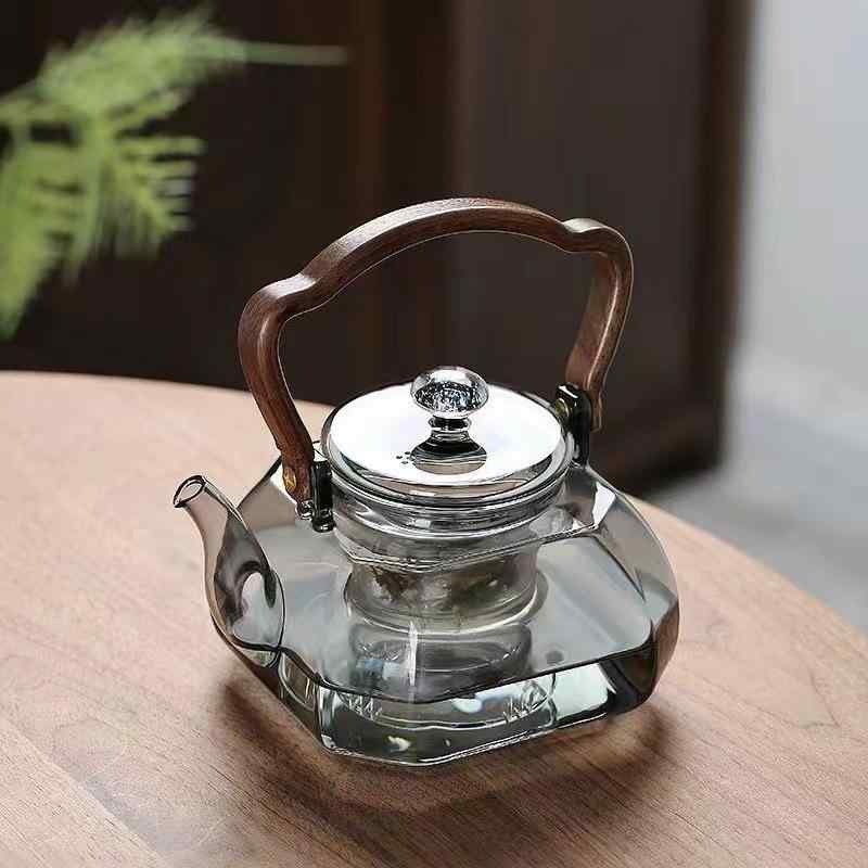 茶壺 煙灰色 ガラス 耐熱ガラス製 急須 おしゃれ 蒸し 煮出し 一体型 ティーポット 直火 加熱対応 八角形 デザイン 湯沸かしケトル 卓上ポット 普段使い 家庭用 キッチン用品 和モダン レトロ 高級感 シック|Fun Time Market