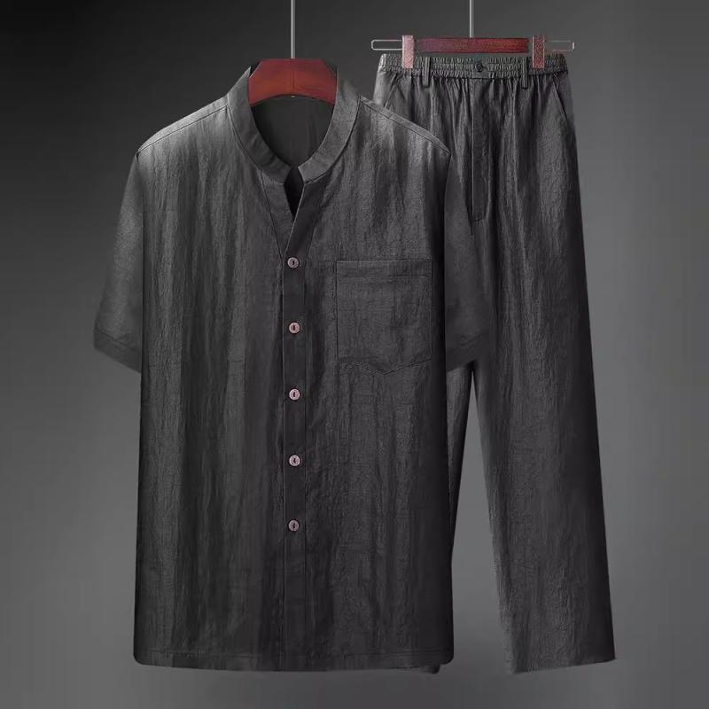 セットアップ メンズ 男性用 春夏 半袖 トップス パンツ 上下セット シャツ 唐装 中国風 チャイナ服 カジュアル 桑蚕? シルク 真絲 高級感 伝統衣装 普段使い 部屋着 涼しい 通気性 快適 軽い ブラック 黒｜Fun Time Market