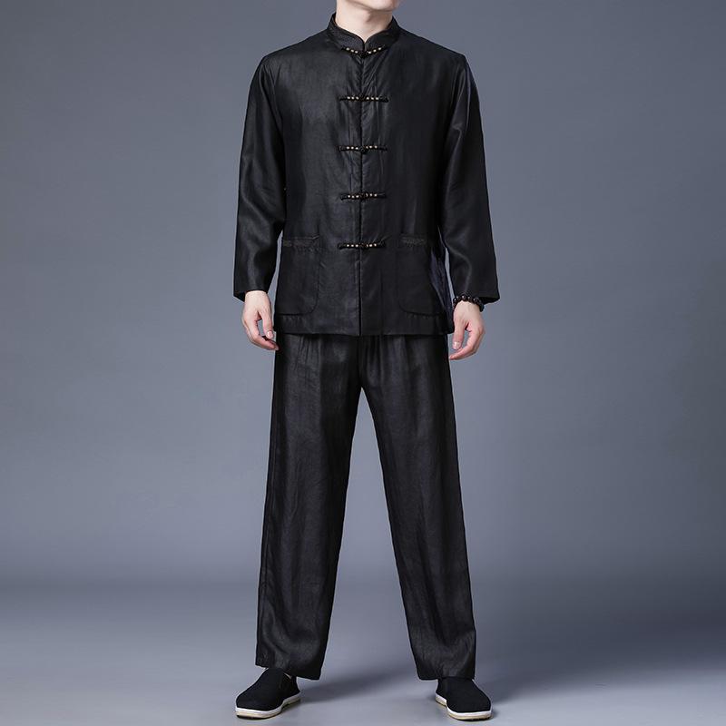 唐装 セットアップ メンズ 男性用 シルクシャツ シルクパンツ 上下セット 桑蚕糸 長袖 トップス アウター ズボン チャイナ風 カジュアル 紳士 ビジネス 中高年 快適 刺・墸 紐ボタン ブラック 黒 無地 春秋|Fun Time Market
