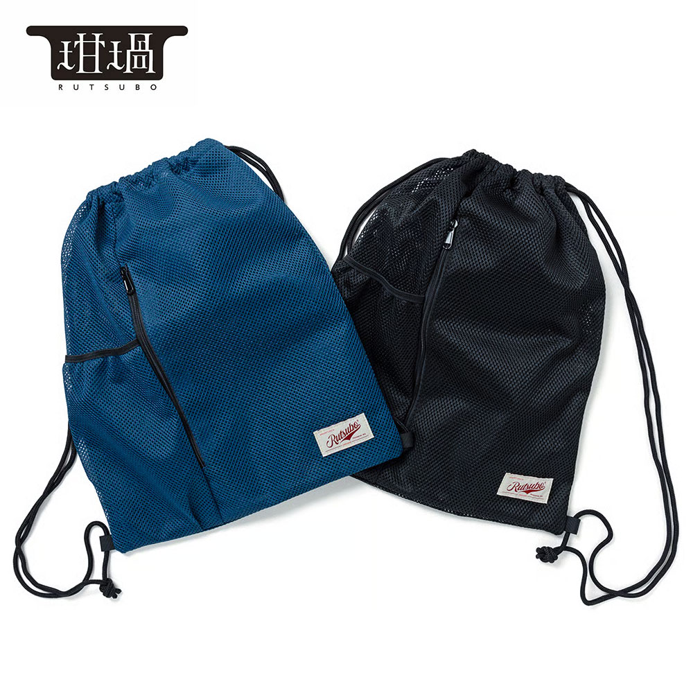坩堝 (RUTSUBO) MESH DRAWSTRING BAG るつぼ ルツボ ナップサック ストリート ブランド おしゃれ 大人 メッシュ アウトドア 黒 丈夫 リュック ポケット付き ポケット ファスナー付き メッシュバッグ 海 バッグ ポリエステル 【送料無料】