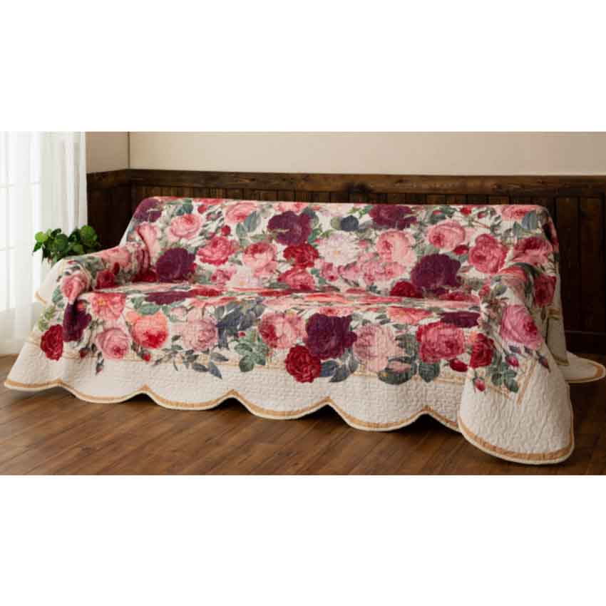 ルドゥーテ レ・ローズ キルト ソファーカバー L チンツ 270cm ///バラ図譜 美花選 薔薇 ベッドカバー 長方形 洗濯機洗いOK 薔薇雑貨|オストゥーニ(インテリア雑貨)