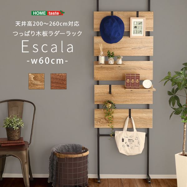 おすすめ 人気ラダーラック 収納棚 幅60cm 突っ張り木板 ウォールナット スチール つっぱり式 リビング ダイニング 組立品安い 激安 格安