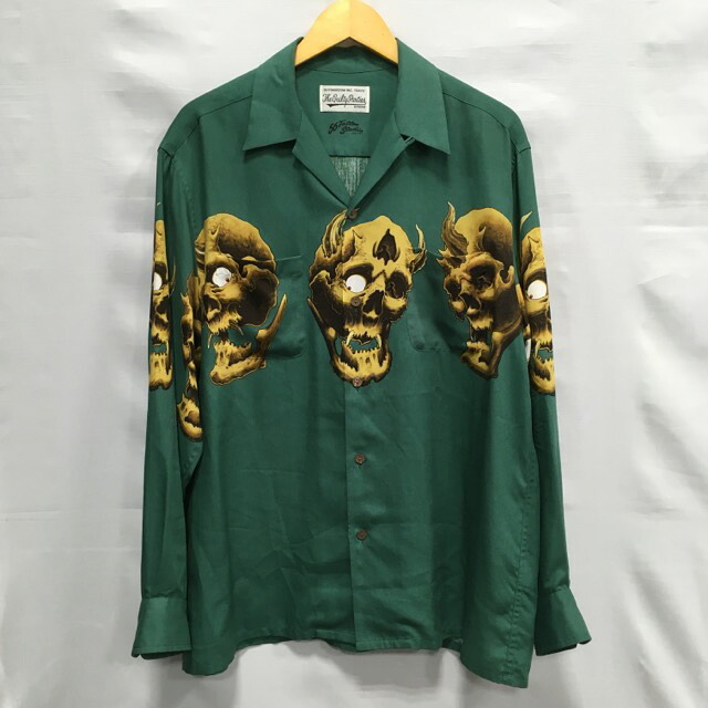 【送料無料】WACKO MARIA × 56 TATTOO STUDIO L/S HAWAIIAN SHIRT 56TS-WM-HI03 / ワコマリア × 56タトゥースタジオ ロングスリーブハワイアンシャツ　鬼スカル　21AW　長袖　アロハシャツ　メンズ　グリーン　size:L【中古】【006】 15,400円