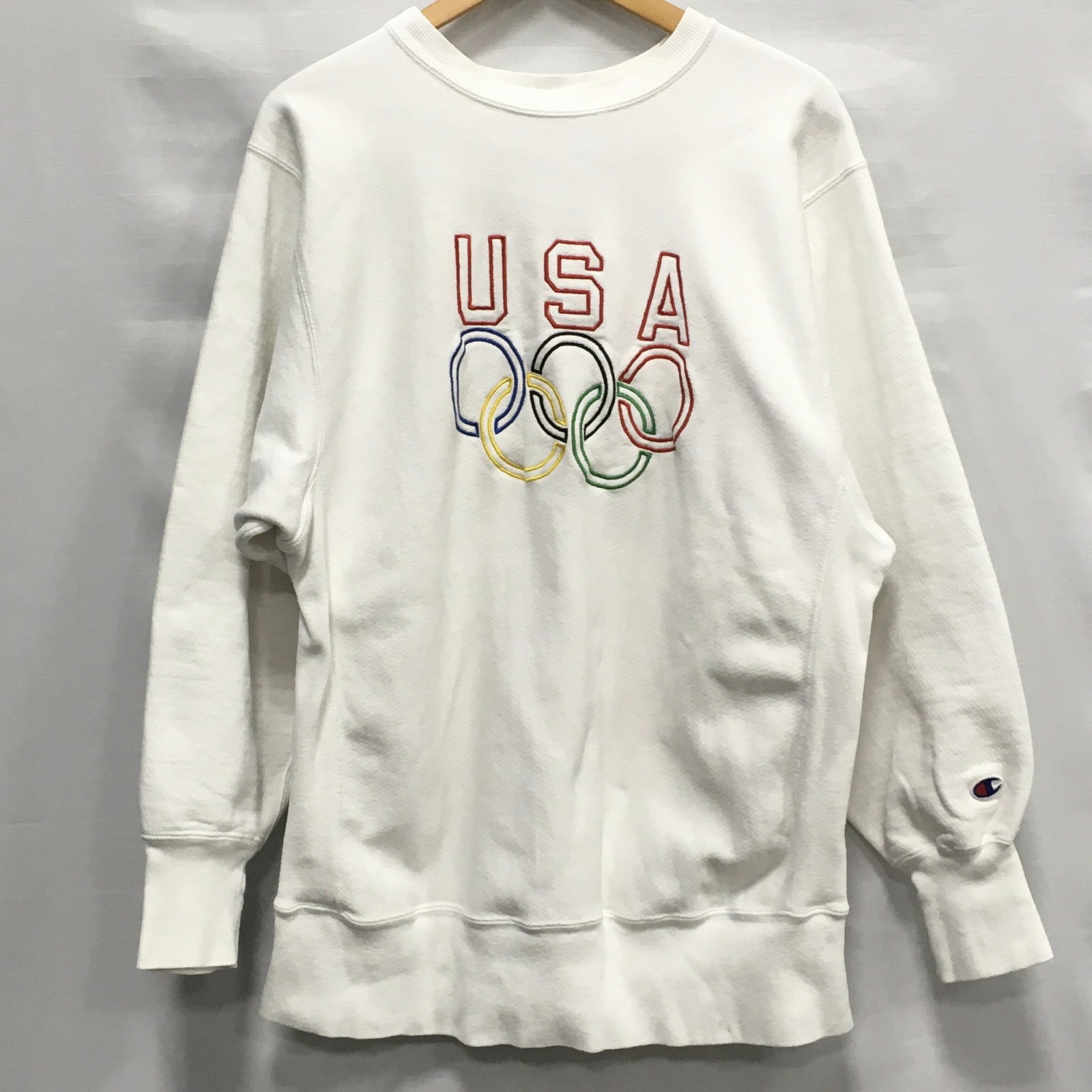 【送料無料】Champion REVERSE WEAVE / チャンピオン 90's USAオリンピック ロゴ刺繍 リバースウィーブ スウェット　五輪　刺繍タグ　裏起毛　メンズ　ホワイト　size:XL【中古】【006】