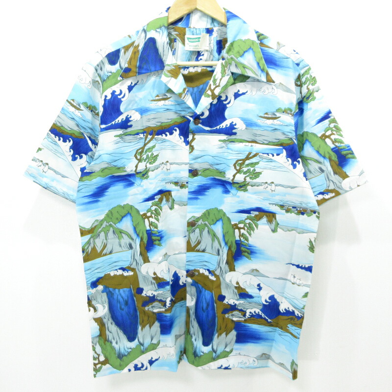 【中古】WAIKIKI WEAR / ワイキキ・ウェア BY MILDRED'S OF HAWAII 浮世絵 和柄アロハシャツ ブルー系 【三重本店】