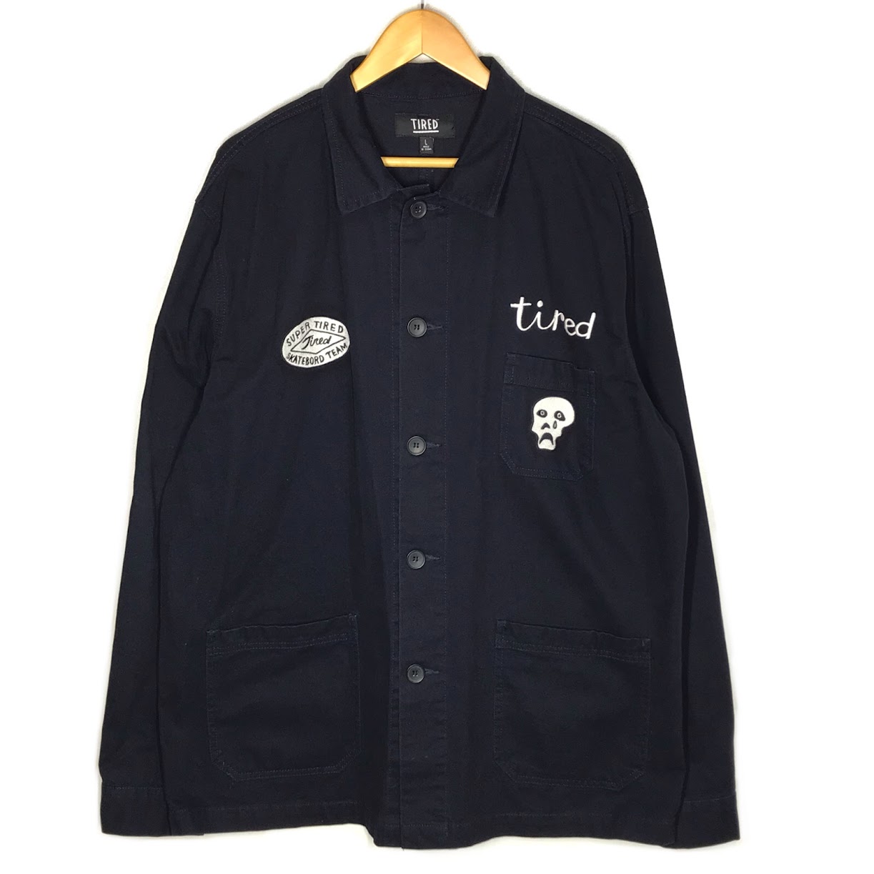 【中古】 TIRED SKATEBORDS｜五分五分赤いこと 滑るゲーム盤 WOBBLES CHORE JACKET 取りまかなう櫂  ダークネイビー 大きさ：L【倉吉店】