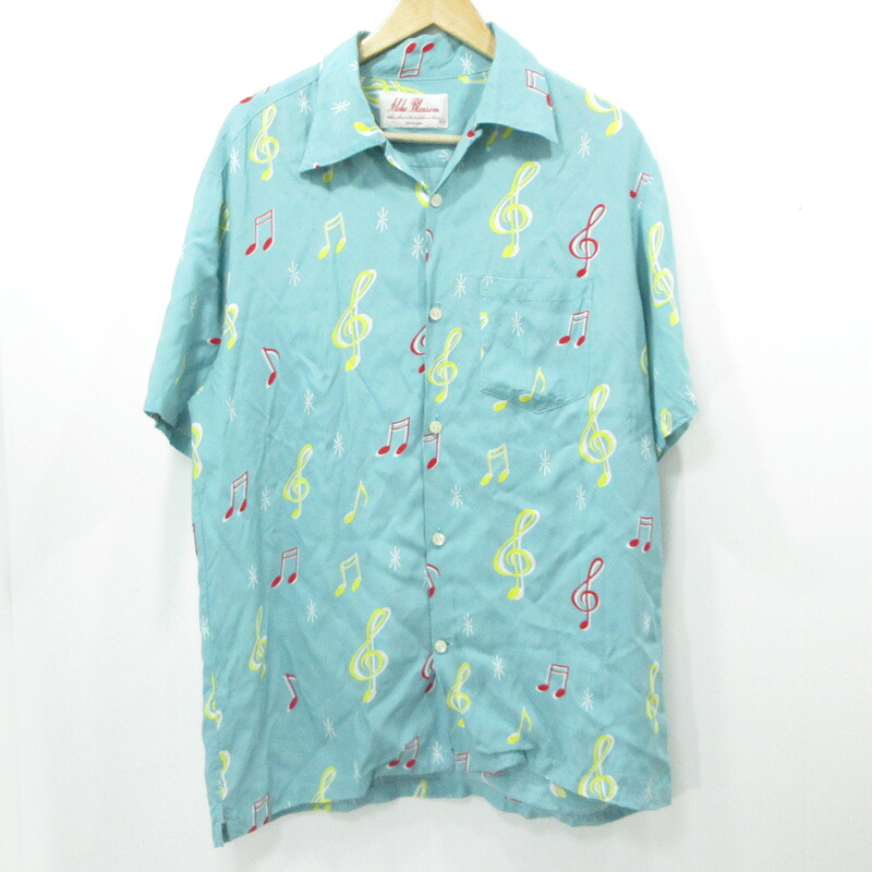 【中古】 AlohaBlossom | アロハブロッサム SOUNDS GOOD サウンドグッドハワイアンシャツ 音符柄アロハシャツ 総柄半袖シャツトップス AB-001010103 点火装置青色(SAX) 大きさ：44【三重中央局】