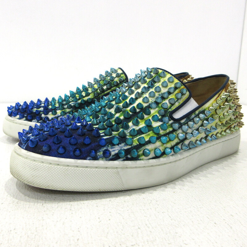 【中古】Christian Louboutin | クリスチャンルブタン スタッズ スリッポン 青碧×ゴールド 大いさ：39・1/2【三重中央局】