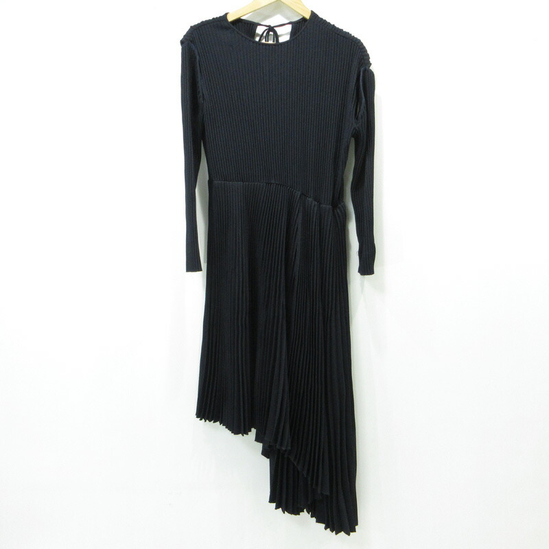 【中古】 IRENE | アイレネ アシンメトリープリーツ長袖ワンピース スリットスカート ラップスカート 19A85008 ネイビー ブラック系 サイズ：36【三重本店】