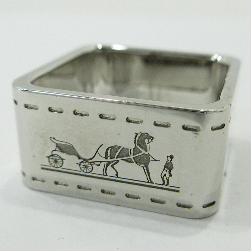 新品　HERMES スカーフリング ボルデュック 馬車柄　スクエア　シルバー HERMES】エルメス『ボルデュック柄 スクエア スカーフリング』1週間