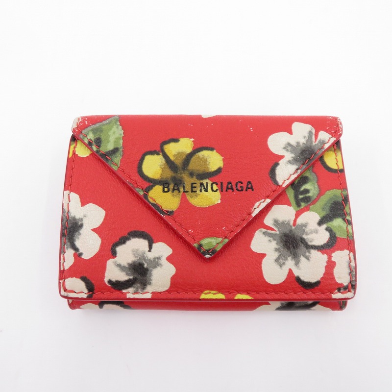 【中古】BALENCIAGA | バレンシアガ ペーパー ミニウォレット 花柄 三つ折り財布 391446 6576 S 568148 レッド【瀬戸大橋店】