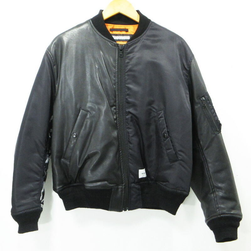 【中古】W)TAPS | ダブルタップス × NEIGHBOR HOOD ネイバーフッド W1.VE JACKET 19AW MA-1 切替えロゴワッペン中綿ジャケット ミリタリージャケット 192BRNHD-JKM01S ブラック サイズ：1【三重本店】