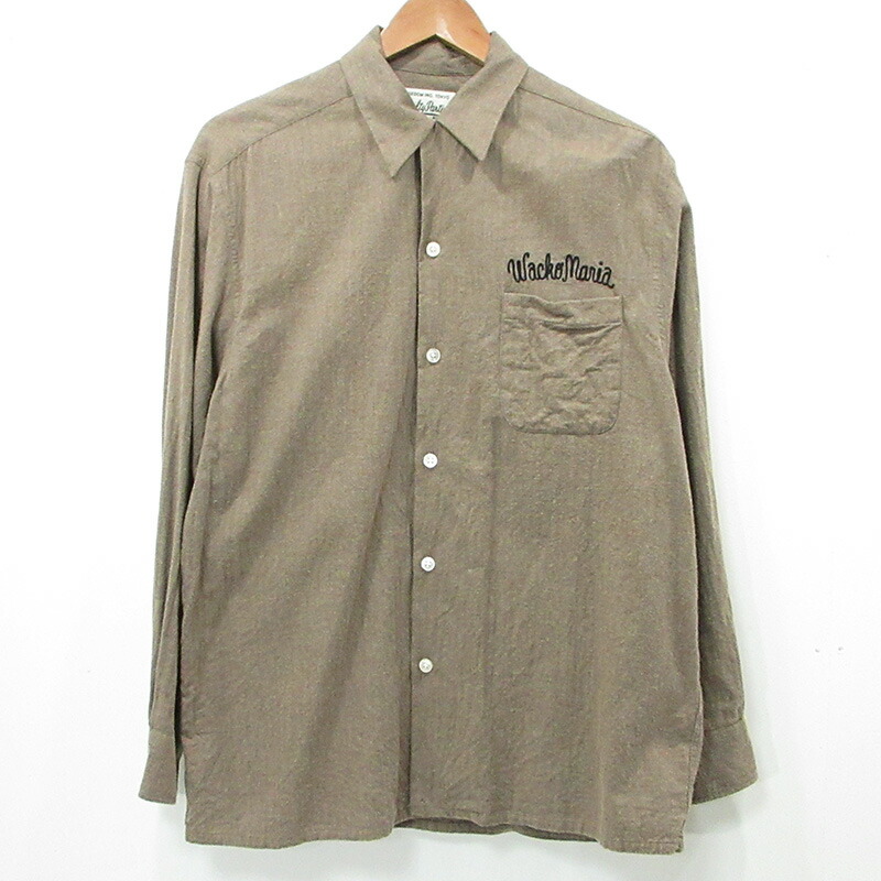 【中古】WACKOMARIA | ワコマリア 50'S OPEN COLLAR SHIRT 50'sオープンカラーシャツ ロゴ刺繍フランネル長袖シャツ ヘリンボーン柄 ブラウン サイズ：M【三重本店】