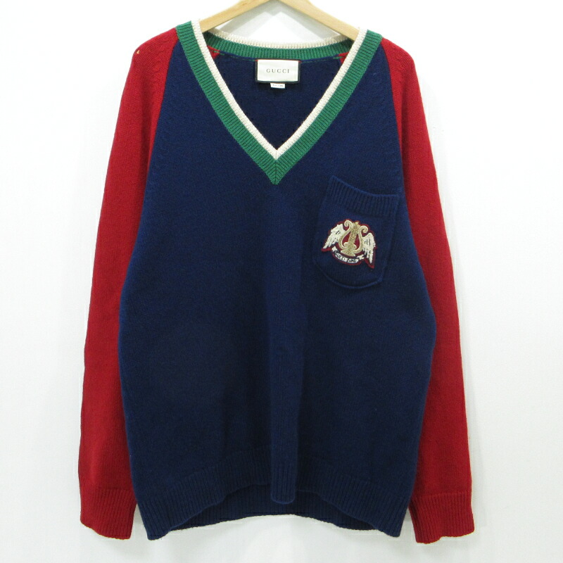 【中古】GUCCI | グッチ Vネックカレッジワッペン付き添い人 編み物 575504-XKATG 米国海軍×赤いこと 大きさ：L【三重中央局】