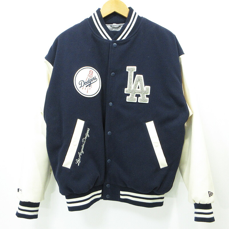 【中古】NEW ERA | ニュー内鰓 × Dodgers ドジャーズ ヴァ―シティ上衣(バーシティジャケット)  ロゴタイプ紋章中綿上衣 スタジャン 米国海軍 大いさ：L(EU)【三重中央局】
