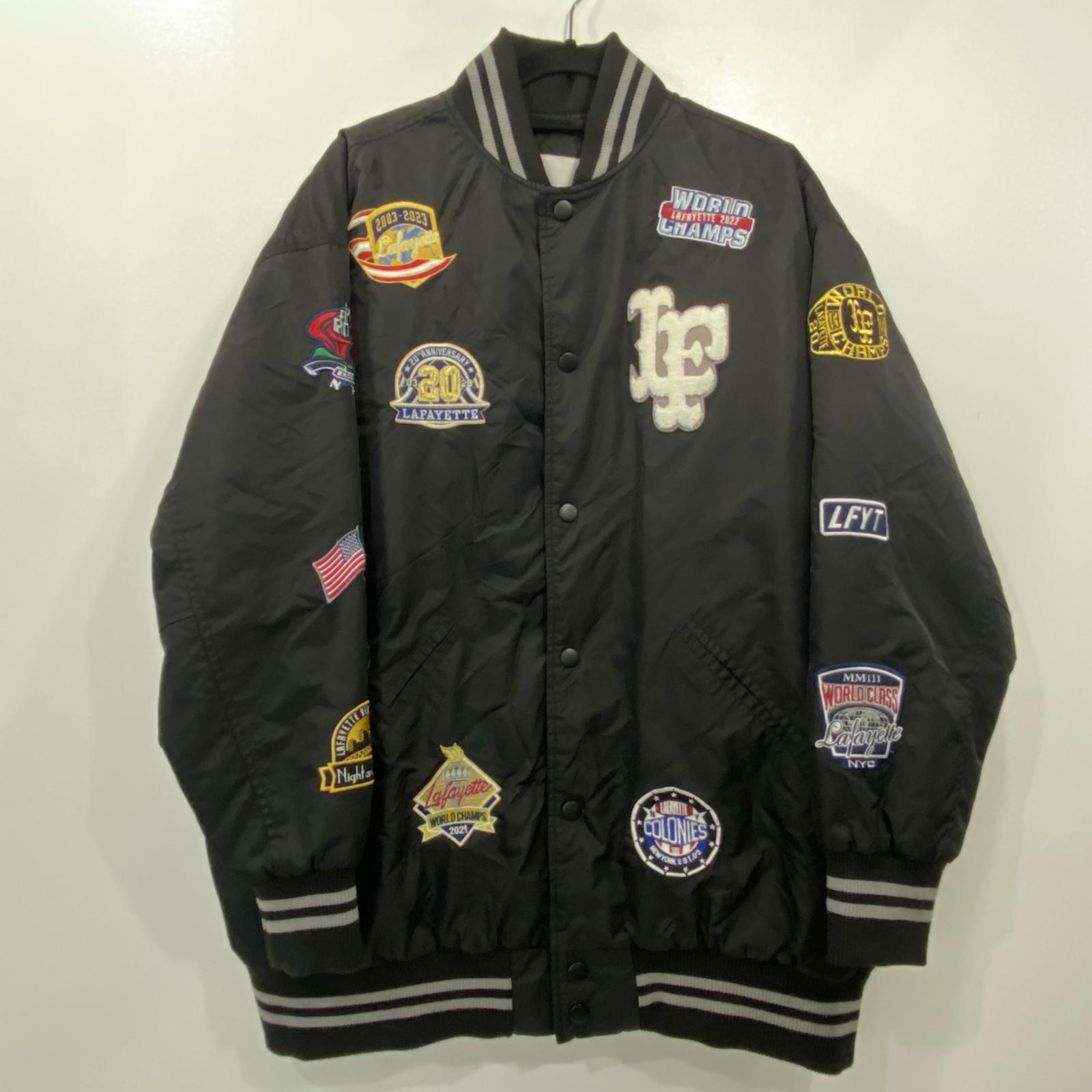 【中古】Lafayette | ラファイエット LFYT ALL OVER EMBLEM SATIN VARSITY JACKET ミリタリージャケット LS231001 MA-1 ブラック サイズ：XXL【姫路東店】