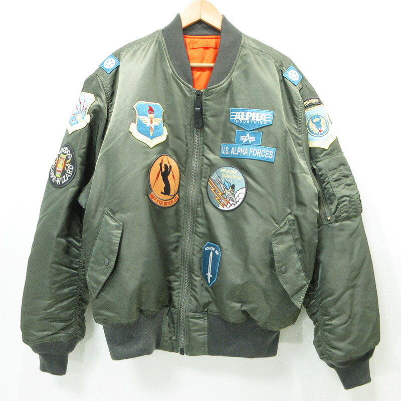 【中古】ALPHA | アルファ MA-1 リバーシブルフライトジャケット ロゴワッペン中綿ミリタリージャケット TA0489-059 カーキグリーン サイズ：XL【三重本店】
