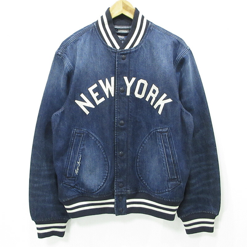 【中古】RALPH LAUREN | ラルフローレン × NY YANKEES ニューヨークヤンキース MLB デニムスタジャン ロゴワッペンデニムジャケット ブルゾン ネイビー インディゴ サイズ：M【三重本店】