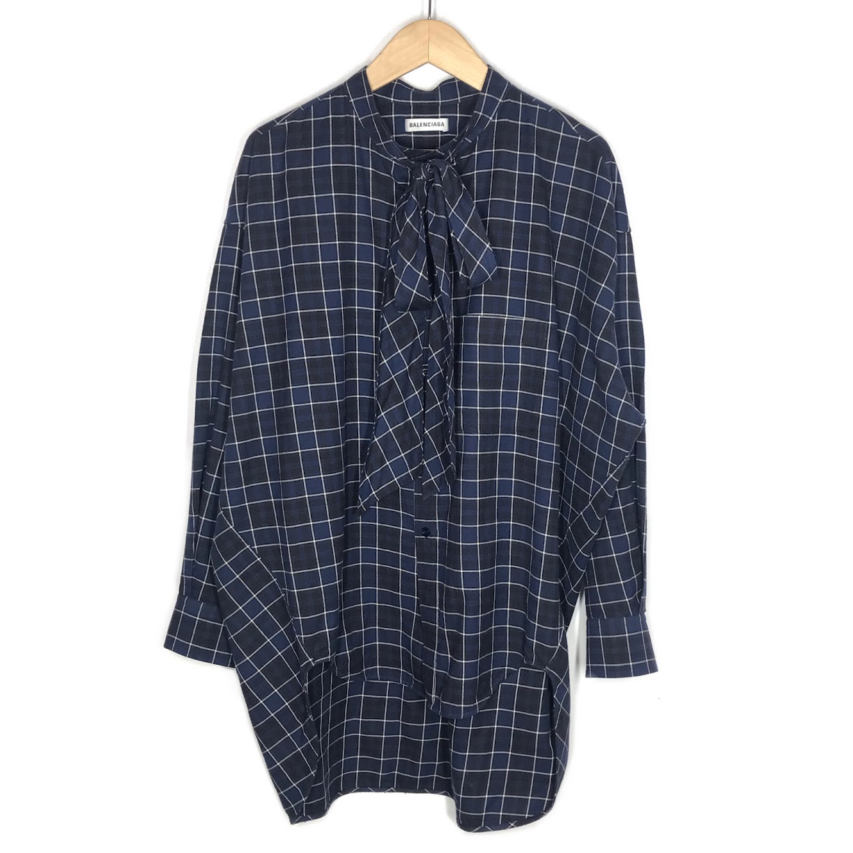 【中古】BALENCIAGA | バレンシアガ ニュースウィングシャツ バックロゴ チェック柄 長袖シャツ 520497 ブルー サイズ：36【倉吉店】
