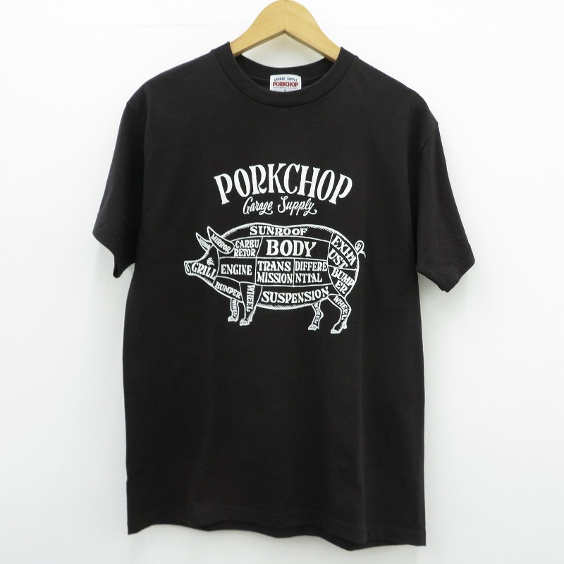 【中古】PORK CHOP | ポークチョップ GARAGE SUPPLY PORK FRONT TEE 半袖Ｔシャツ P0451 ブラック サイズ：M【瀬戸大橋店】