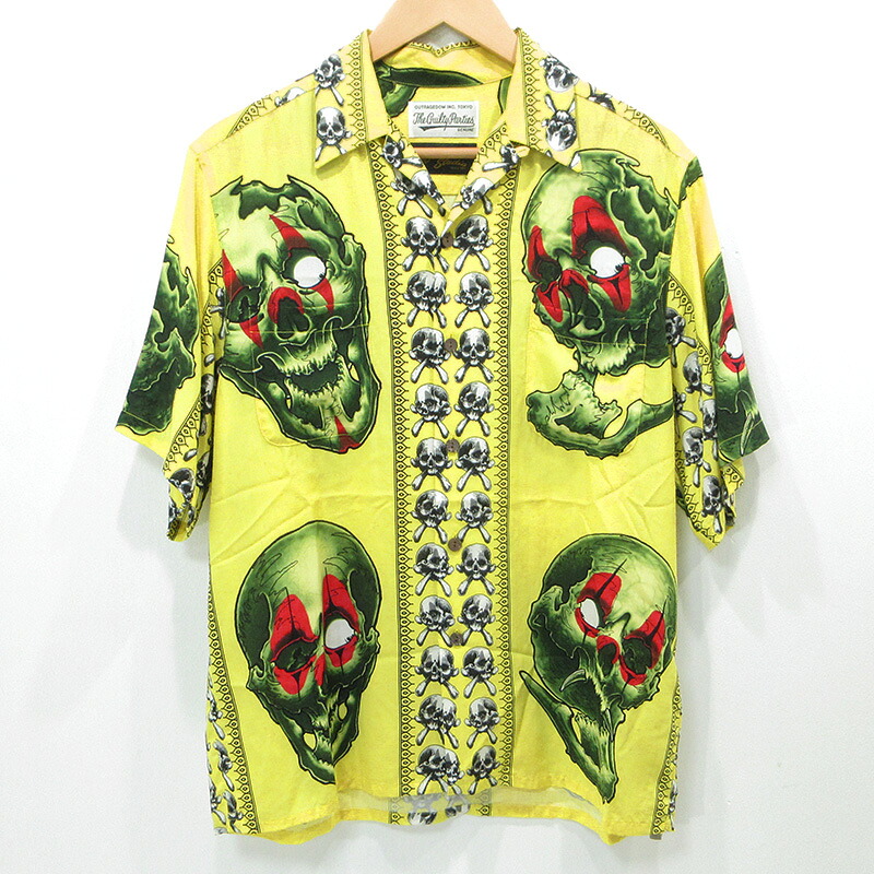 【中古】WACKOMARIA | ワコマリア × 56TATOO STUDIO 56タトゥースタジオ スカルプリントハワイアンシャツ アロハシャツ 総柄半袖シャツ 骸骨 イエロー サイズ：S【三重本店】