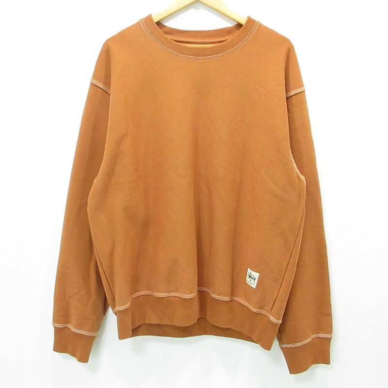 【中古】STUSSY | ステューシー Contrast Stitch Label crewneck 対比編み目長袖トレーナー ロゴタイプ紋章 裏起毛 118458 点火装置赤銅色系 テラコッタ オレンジ色系 大きさ：XL【三重中央局】