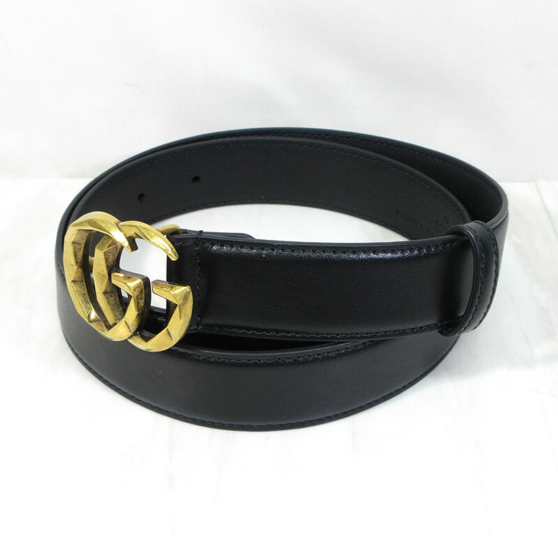 【中古】GUCCI | グッチ 795527 0AAAR ダブルG なめし革胴締め / GGマーモント 大きさ：80・32 色つや：黒いこと×ゴールド系【三重中央局】