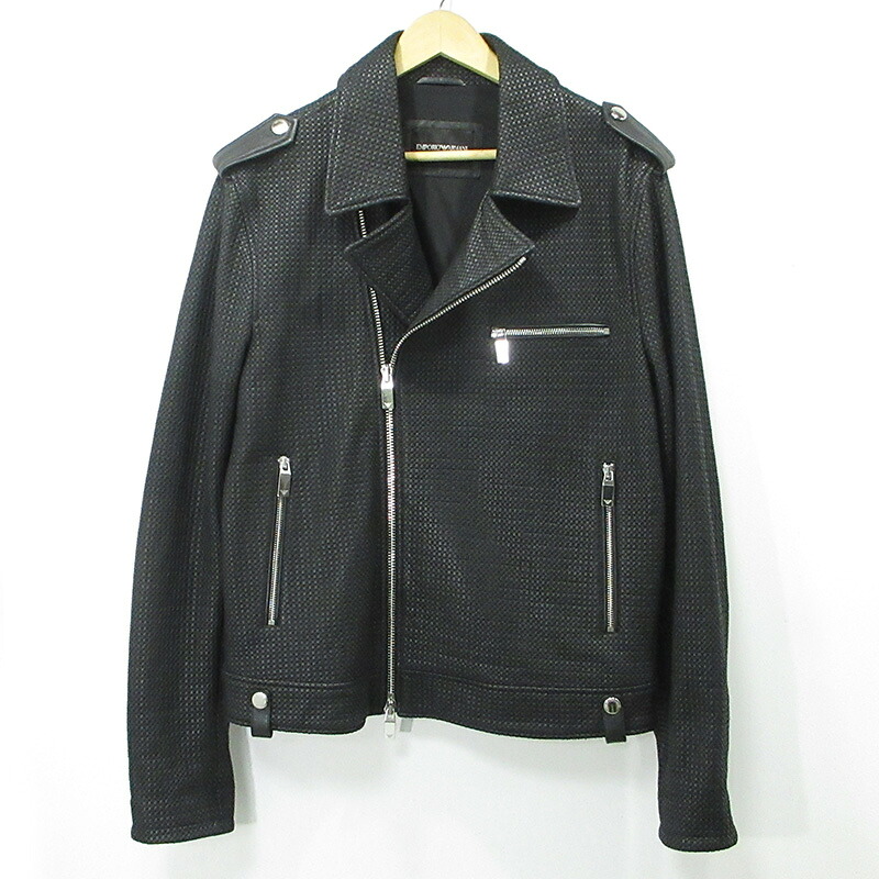【中古】ARMANI | アルマーニ シープスキンダブルライダースレザージャケット エルボーパッチ 41R31P ブラック サイズ：1【三重本店】｜お宝市番館