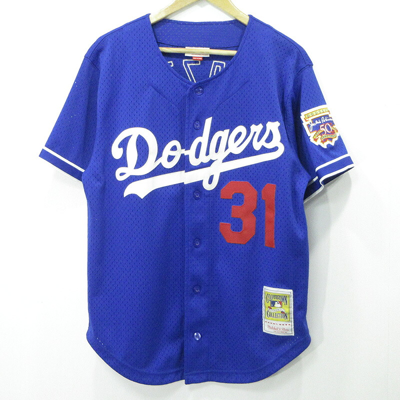 【中古】MITCHELL\u0026NESS | ミッチェルアンドネス × DODGERS PIAZZA ドジャーズ 広場 野球ティーシャツ ロゴタイプメッシュ半袖ティーシャツ ジャッキーロビンソン50周年 青碧 大いさ：M【三重中央局】