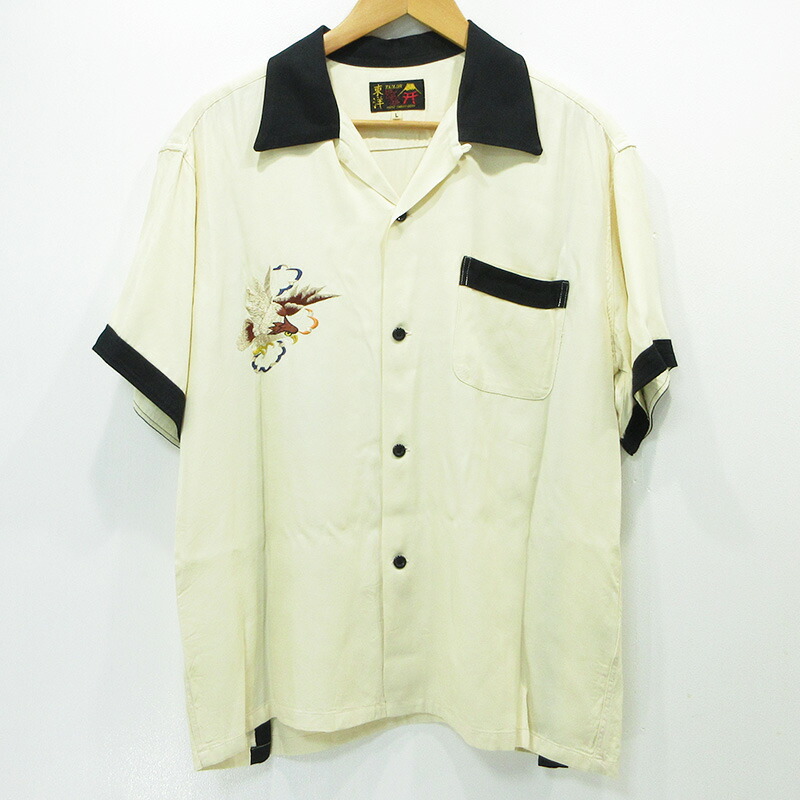 【中古】TAILOR TOYO(オリエント会社組織) | テイラートウヨウ SUKA BOWLING SHIRT EAGLE スカボーリングシャツイーグル 鳥刺しゅう襟2WAY半袖プルオーバー 鷲 鷲 毛の荒物柄 TT39301 点火装置ベージュ 白いこと系 象牙色 大きさ：L【三重中央局】