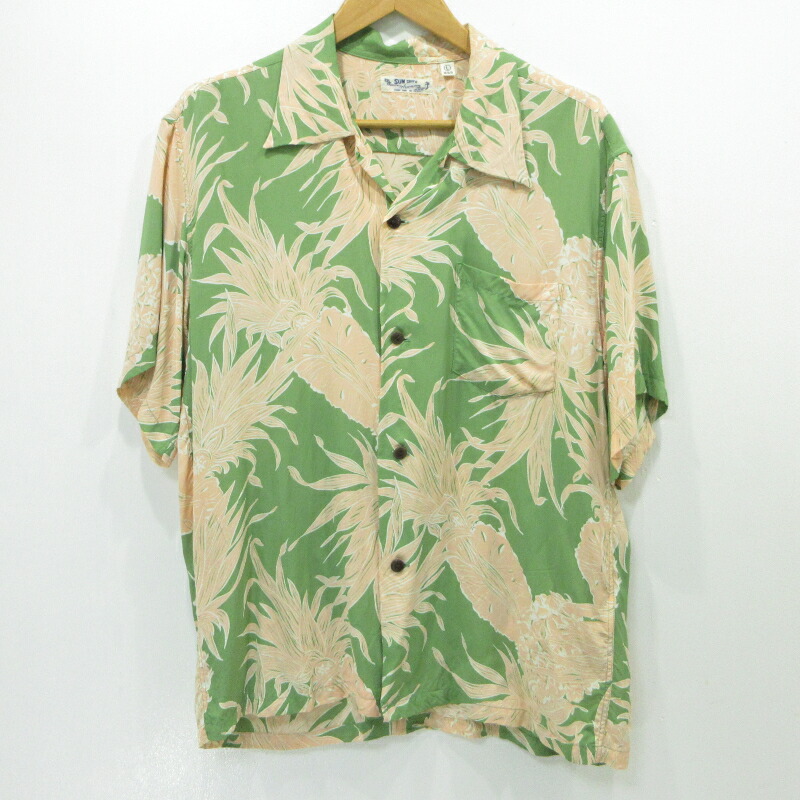 【中古】SUN SURF | サンサーフ RAYON HAWAIIAN SHIRT “ISLAND PINEAPPLE”  半袖アロハシャツ SS38795 緑であること×オレンジ色 大きさ：L【三重中央局】