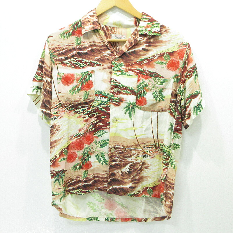 【中古】OLD | 年寄りの PENNEYS ぺニーズ ハワイアンプルオーバー 50~60\u0027s アロハシャツ 襟2WAY総柄半袖プルオーバー 白いこと系×赤銅色 象牙色 大きさ：M【三重中央局】