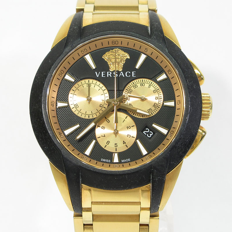【中古】VERSACE | ヴェルサーチ VEM8 CHARACTER CHRONO キャラクタークロノ / メデューサ クロノグラフ ウオッチ 多針アナログ書きあらわす 石英 ゴールド系×黒いこと【三重中央局】