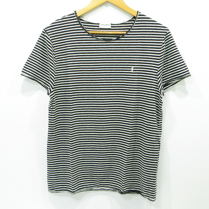 【中古】SAINT LAURENT | サンローラン 総柄ロゴタイプ刺しゅう綿織物リネン半袖ティーシャツ カットオフ工業 YP53 2021 00238 黒いこと×白いこと 大きさ：M【三重中央局】