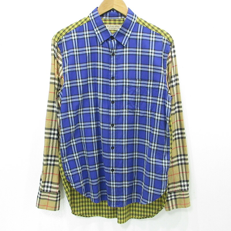【中古】BURBERRY London England | バーバリーロンドンイングランド クレイジーパターンチェックシャツ 総柄切替え長袖シャ 8002553 青碧×黄色×ベージュ マルチ色つや 大きさ：L【三重中央局】