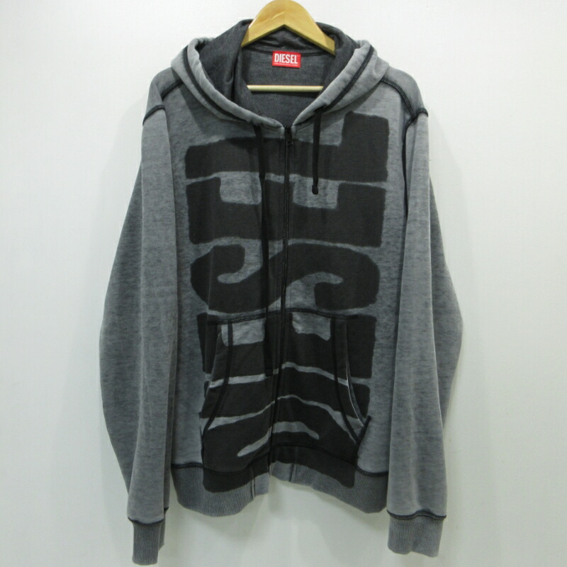 【中古】DIESEL | ディーゼル S-GINN-HOOD-ZIP-L1 ロゴタイプ刷り上げる ジップアップ パーカー A10434 薄墨色 大いさ：XXL【三重中央局】