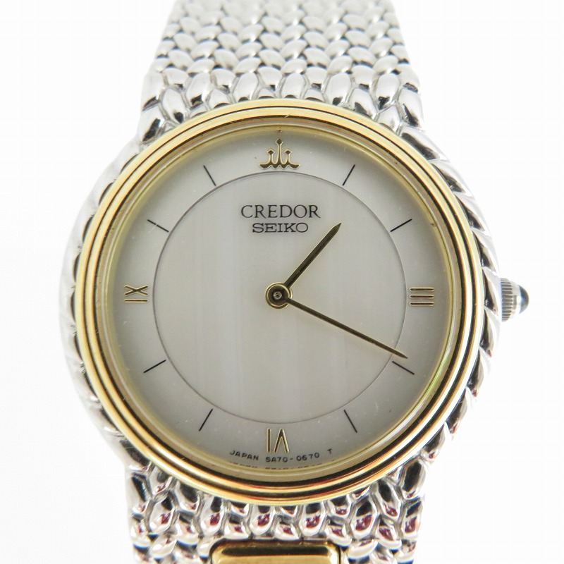 SEIKO|セイコー 5A70-0270 クレドール 18KTベゼル アナログ腕時計 ホワイト(文字盤)×シルバー(ベルト)