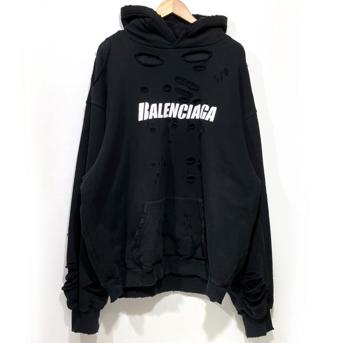 BALENCIAGA バレンシアガ プルオーバー パーカー ダメージ加工 ブラック サイズL メンズ ※中古 【津山店】