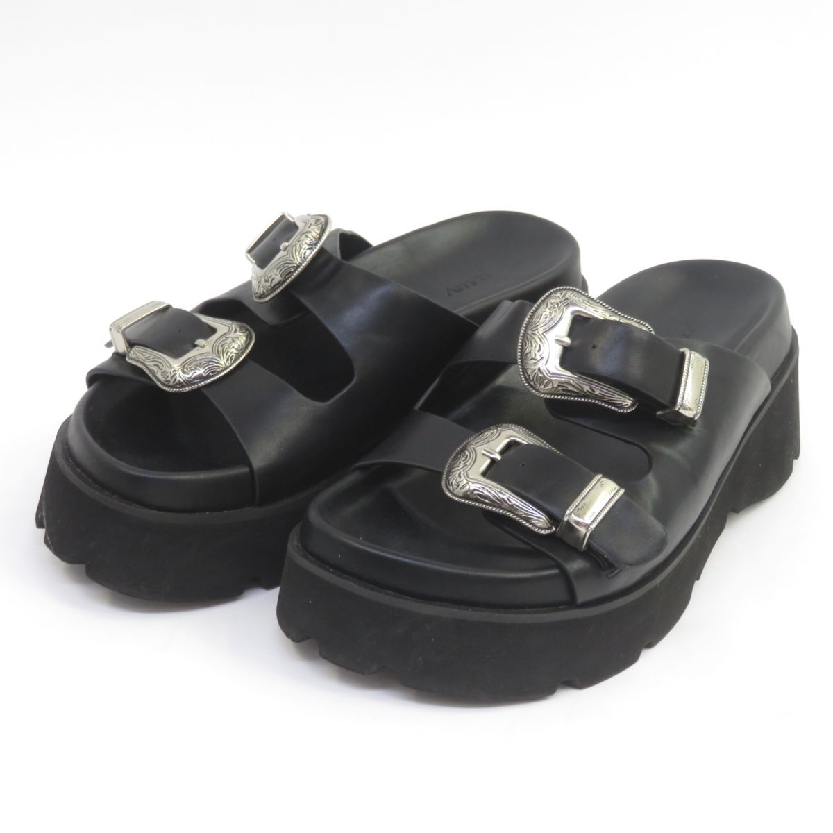 AMERI アメリ MEDI WESTERN BUCKLE SANDALS ベルテッドサンダル ブラック サイズ：S 22.5-23.0cm レディース 箱無 ※中古