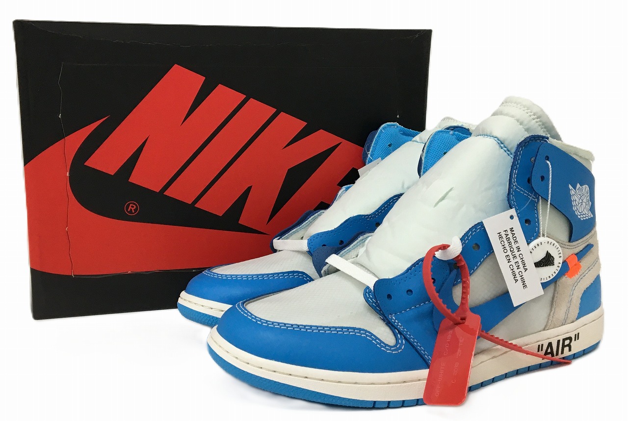 【未当て嵌める】OFF-WHITE × NIKE AIR JORDAN 1 UNC \"WHITE/DARK POWDER BLUE\"" AQ0818-148 象牙色 × ナイキ エアジョーダン1  スニーカー 28.5糎【長崎時津店】"