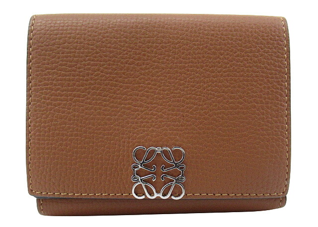 【中古】LOEWE “ロエベ” アナ瓦 トライフォールド ウォレット ペブルグレインカーフ ショートウォレット パウダーコンパクト 三つ折り紙入れ しろがね色金具 C821TR2X02 2530 タン【鹿児島店】