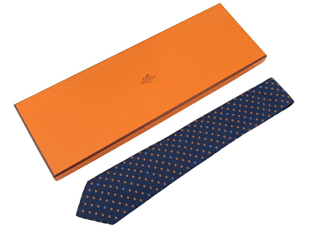 【中古】HERMES “エルメス” SOIE LOURDE 7CM ソワ・ルルド Hトノー ネクタイ クラヴァット 336111T-02 マリーヌ×オレンジ【鹿児島店】