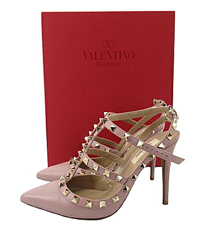 【中古】VALENTINO GARAVANI “ヴァレンティノ ガラヴァーニ” アンクルストラップ ロックスタッズ ヒール パンプス レディースシューズ 靴 QW0S0393 ピンク サイズ37【鹿児島店】