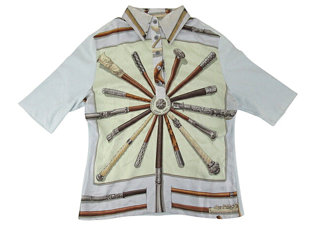 【中古】HERMES &ldquo;エルメス&rdquo; シルク/ニット切替 半袖シャツ CANNES&POMMEAUX ステッキ ポロシャツ サイズM ライトブルー【鹿児島店】｜FIVE MALL